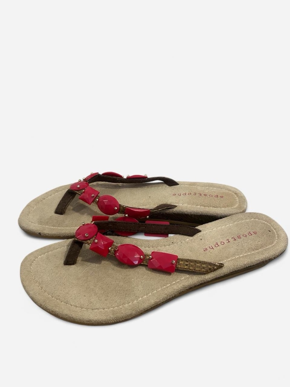 Apostrophe Brown Sandal Flip-Flops with Pink Jeweled V-Strap